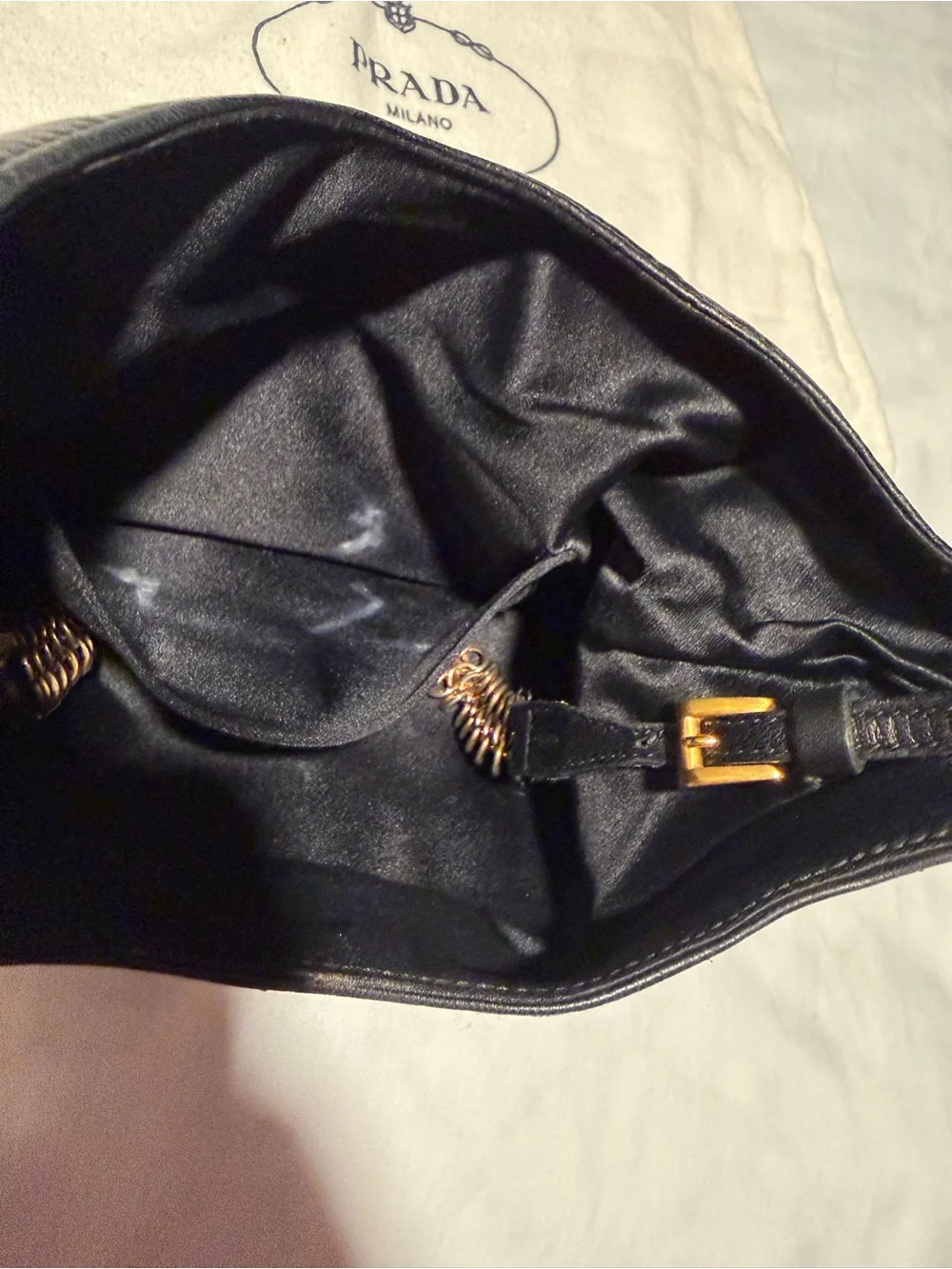 Prada Black Leather Hobo with Gold Chain Accent and dust bag .